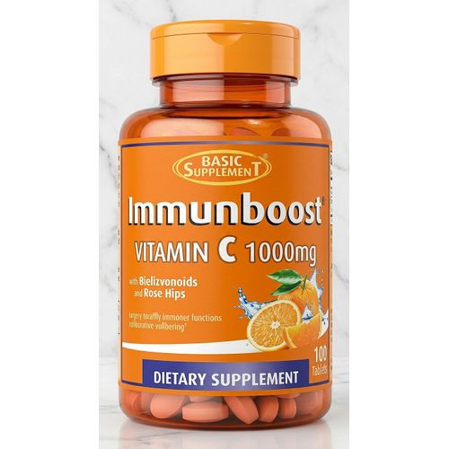 Basic Supplement Immunboost Vitamin C 1000mg - with Bioflavonoids & Rose Hips - Supports Healthy Immune Function & Wellbeing - Dietary Supplement - 100 Tablets
